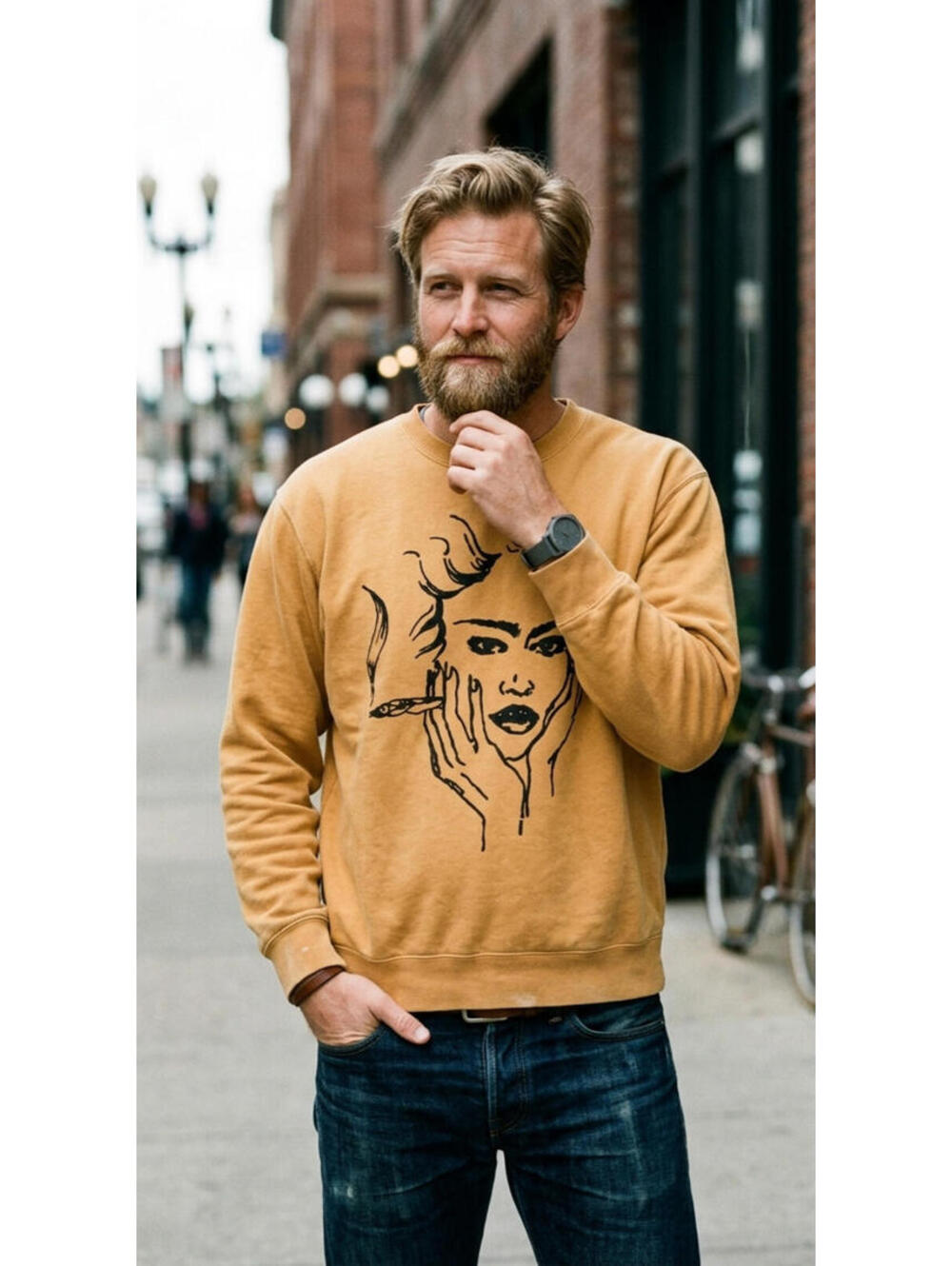 OBEY Smoker Grass Men LARGE Embroidered Sweatshirt Brown Crewneck Portrait Joint
